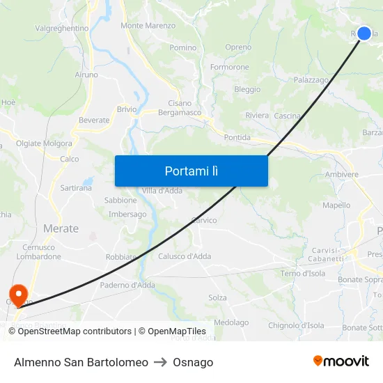 Almenno San Bartolomeo to Osnago map