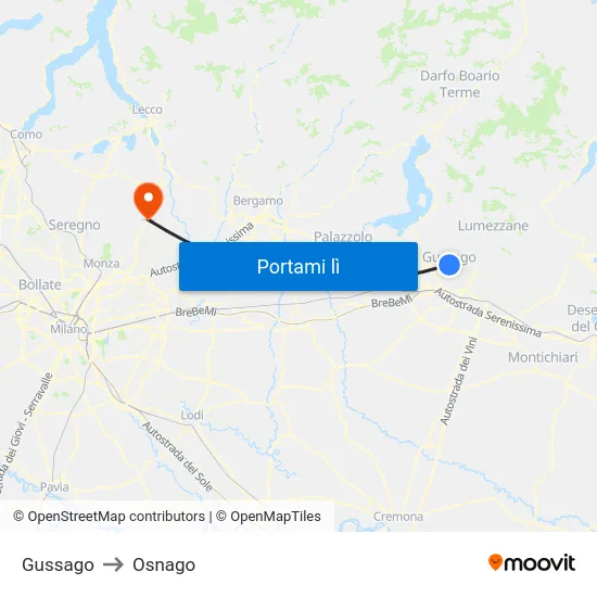 Gussago to Osnago map