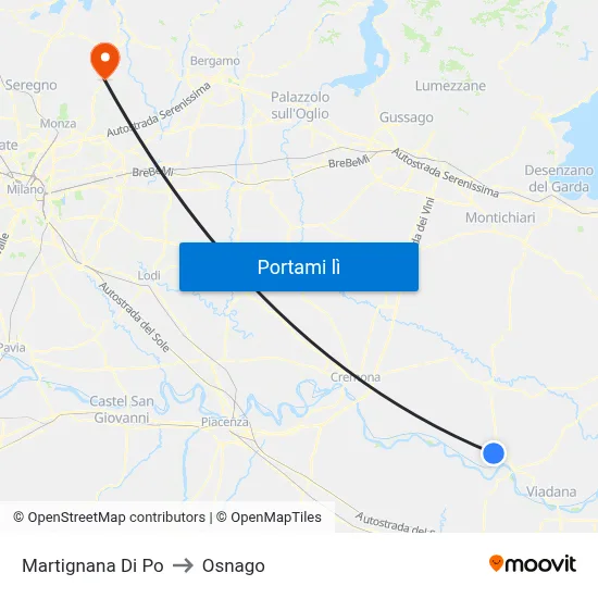 Martignana Di Po to Osnago map