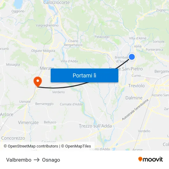 Valbrembo to Osnago map