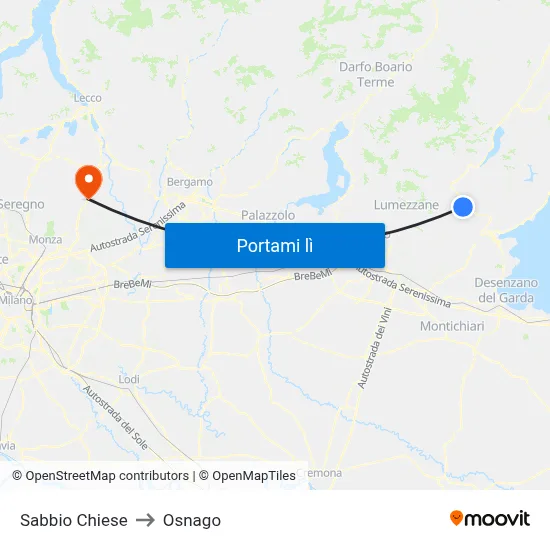 Sabbio Chiese to Osnago map