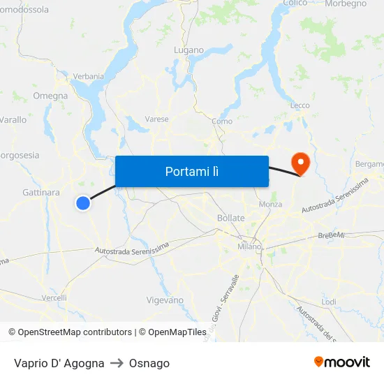Vaprio D' Agogna to Osnago map