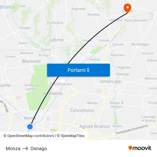 Monza to Osnago map