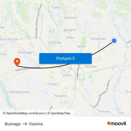Busnago to Ossona map
