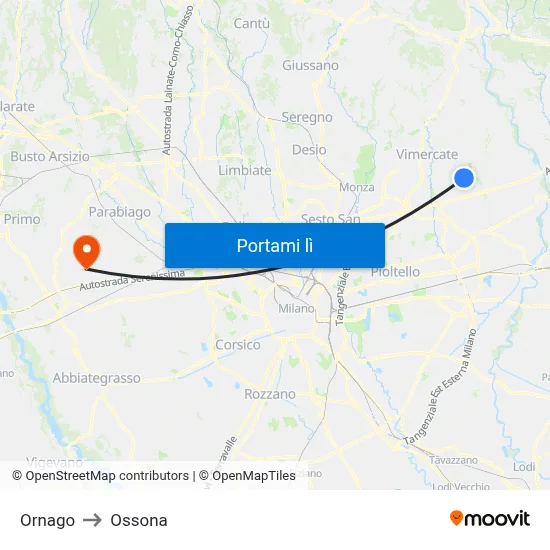 Ornago to Ossona map