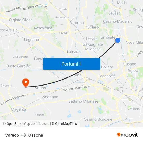 Varedo to Ossona map