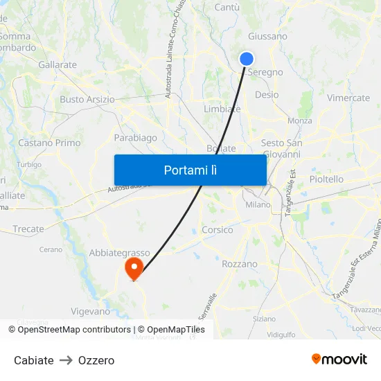 Cabiate to Ozzero map