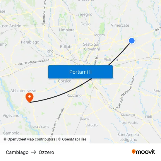 Cambiago to Ozzero map