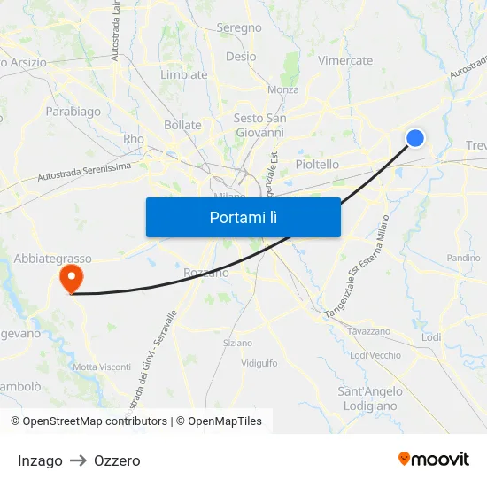 Inzago to Ozzero map