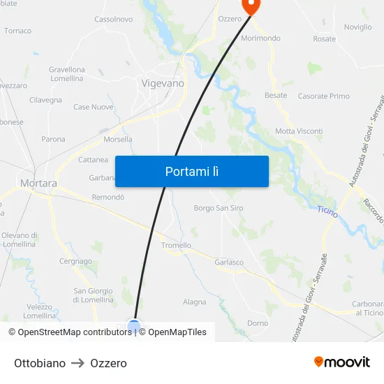 Ottobiano to Ozzero map