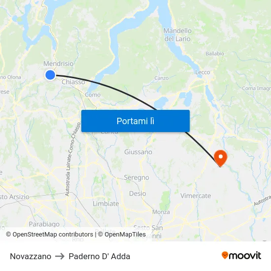 Novazzano to Paderno D' Adda map
