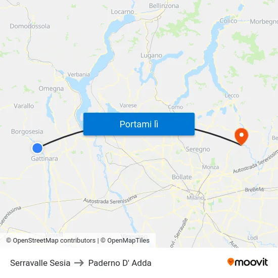 Serravalle Sesia to Paderno D' Adda map
