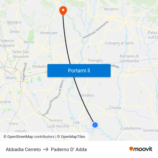 Abbadia Cerreto to Paderno D' Adda map