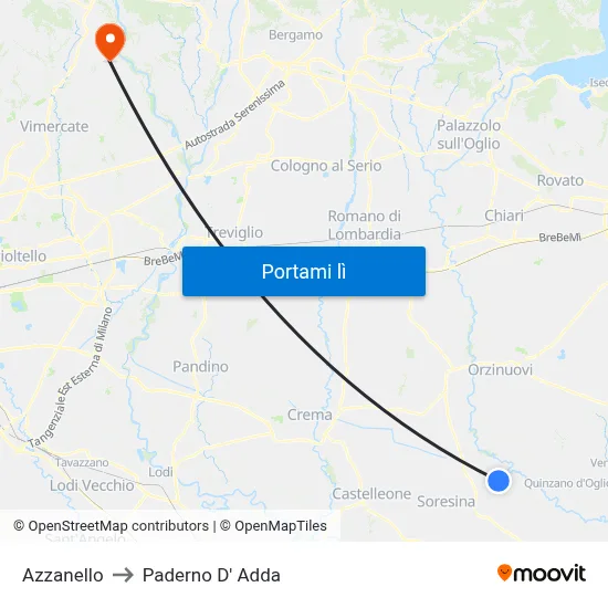 Azzanello to Paderno D' Adda map