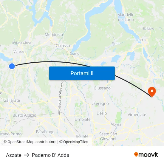 Azzate to Paderno D' Adda map