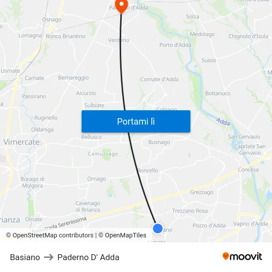 Basiano to Paderno D' Adda map