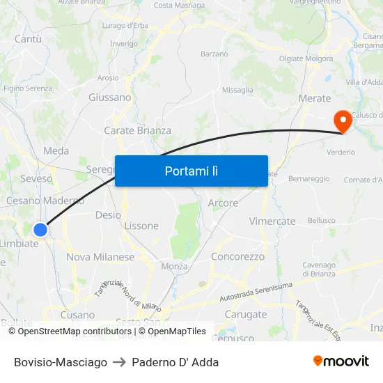 Bovisio-Masciago to Paderno D' Adda map