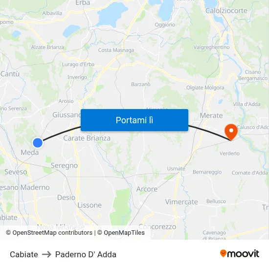 Cabiate to Paderno D' Adda map