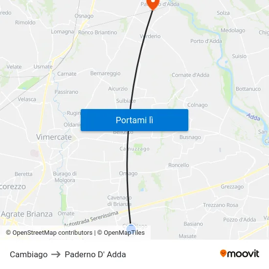 Cambiago to Paderno D' Adda map