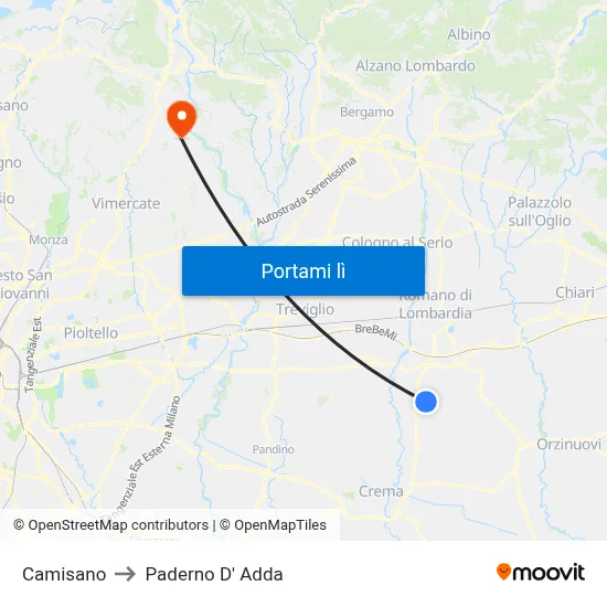 Camisano to Paderno D' Adda map