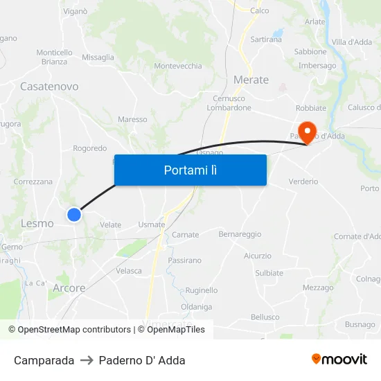 Camparada to Paderno D' Adda map