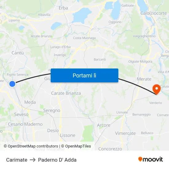 Carimate to Paderno D' Adda map