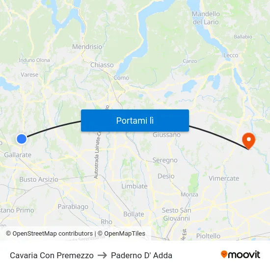 Cavaria Con Premezzo to Paderno D' Adda map