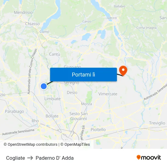 Cogliate to Paderno D' Adda map