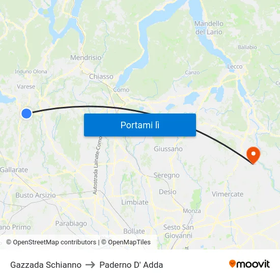 Gazzada Schianno to Paderno D' Adda map