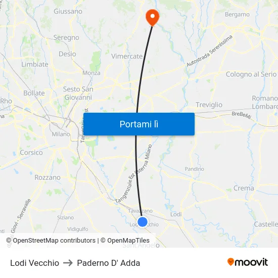 Lodi Vecchio to Paderno D' Adda map