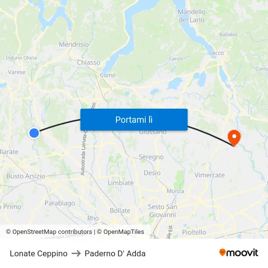 Lonate Ceppino to Paderno D' Adda map