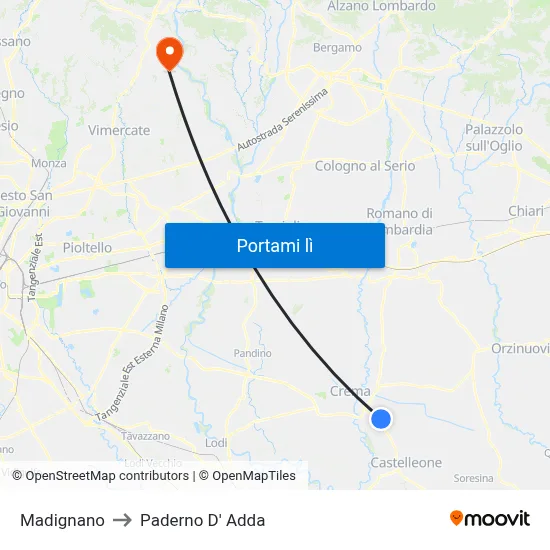 Madignano to Paderno D' Adda map