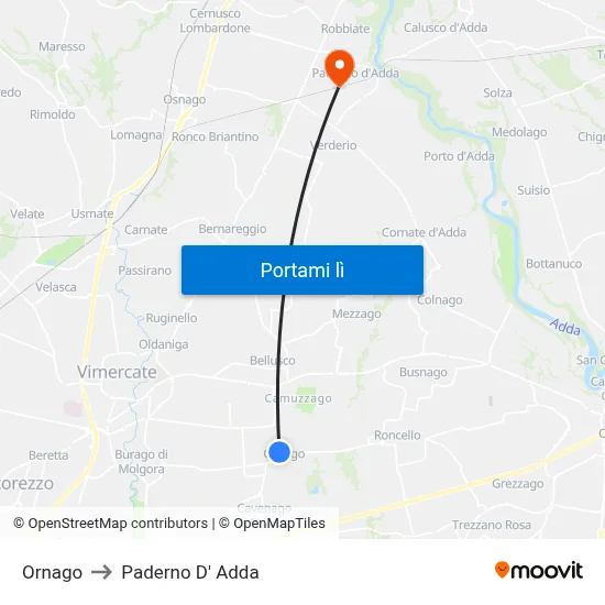 Ornago to Paderno D' Adda map