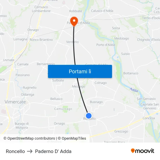 Roncello to Paderno D' Adda map
