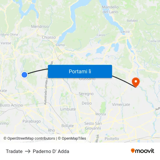 Tradate to Paderno D' Adda map