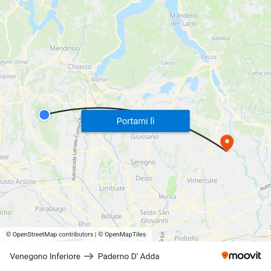 Venegono Inferiore to Paderno D' Adda map