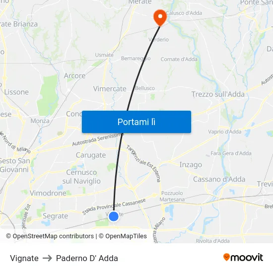 Vignate to Paderno D' Adda map