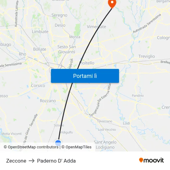 Zeccone to Paderno D' Adda map