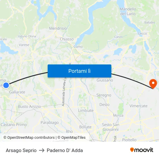 Arsago Seprio to Paderno D' Adda map