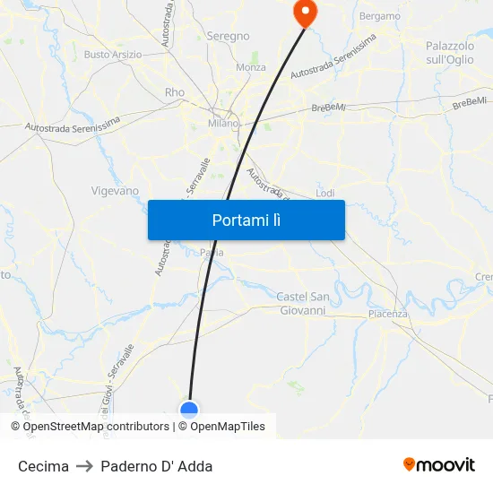 Cecima to Paderno D' Adda map