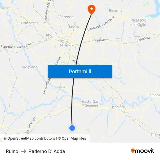 Ruino to Paderno D' Adda map