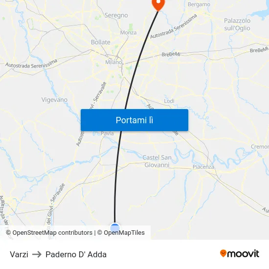 Varzi to Paderno D' Adda map