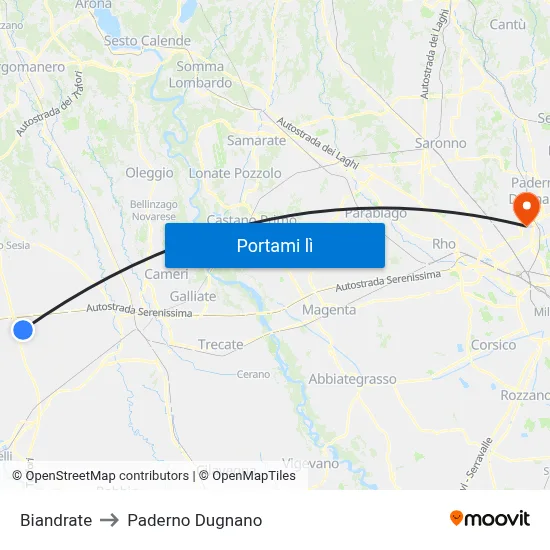 Biandrate to Paderno Dugnano map