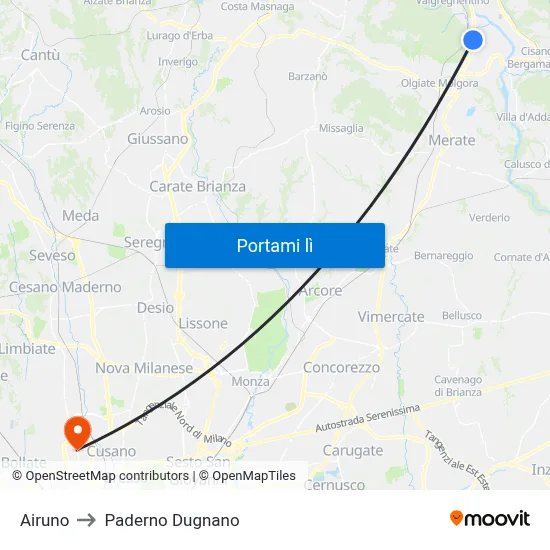 Airuno to Paderno Dugnano map