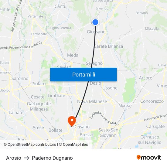 Arosio to Paderno Dugnano map