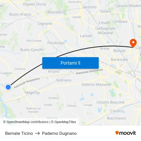 Bernate Ticino to Paderno Dugnano map