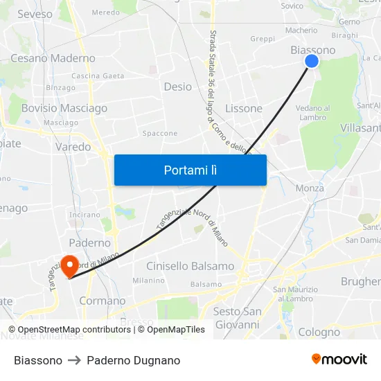 Biassono to Paderno Dugnano map
