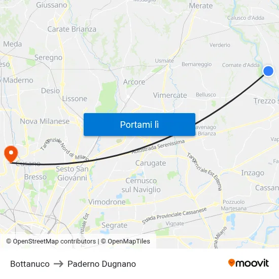 Bottanuco to Paderno Dugnano map