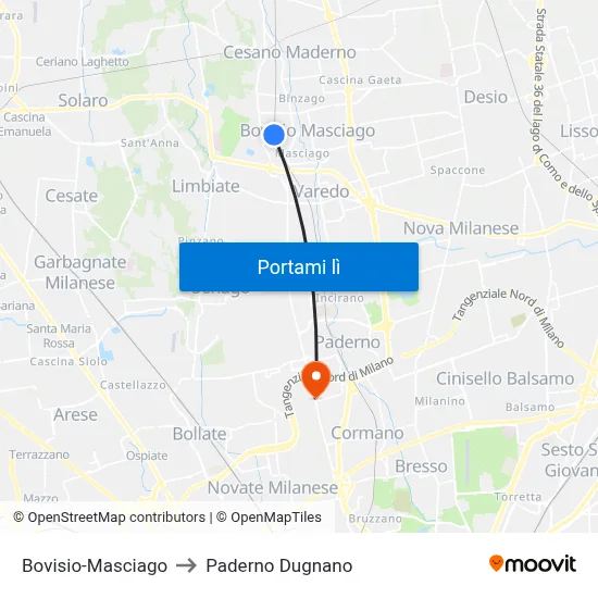 Bovisio-Masciago to Paderno Dugnano map