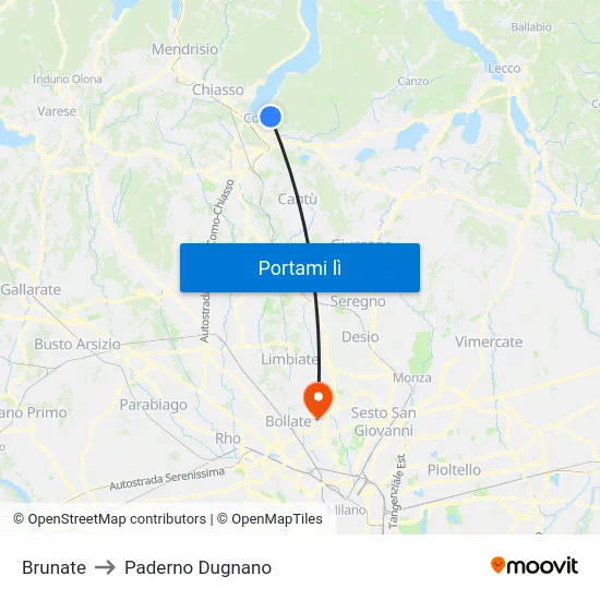 Brunate to Paderno Dugnano map